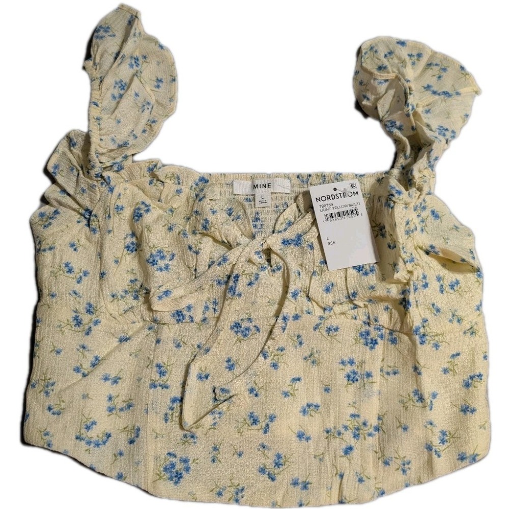 Mine Floral Cottagecore Smocked Crop Top Womens L Yellow Blue Puff Sleeve NWT